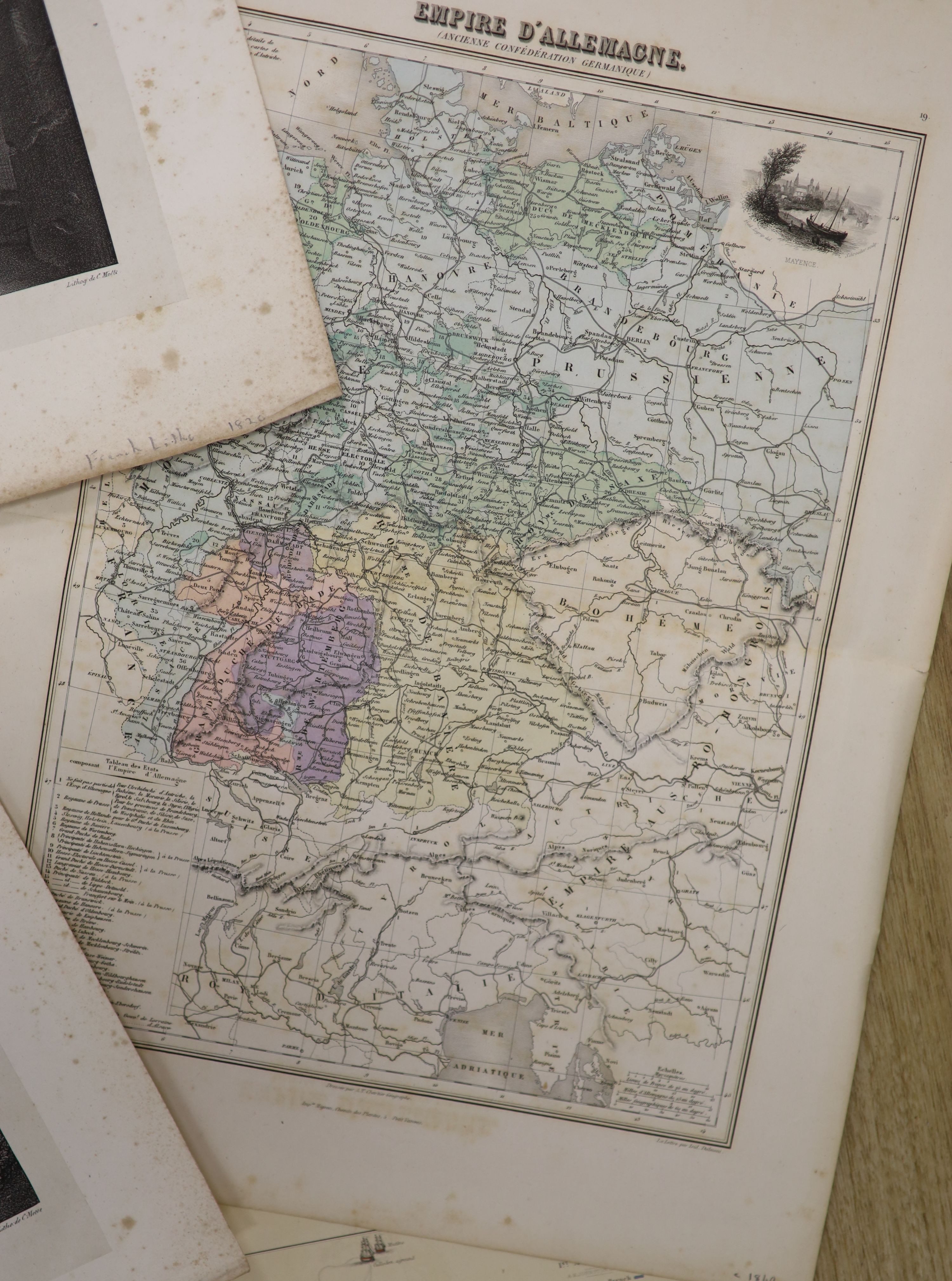 A group of assorted 19th century engravings, including topography and maps, largest 47 x 36cm, unframed
